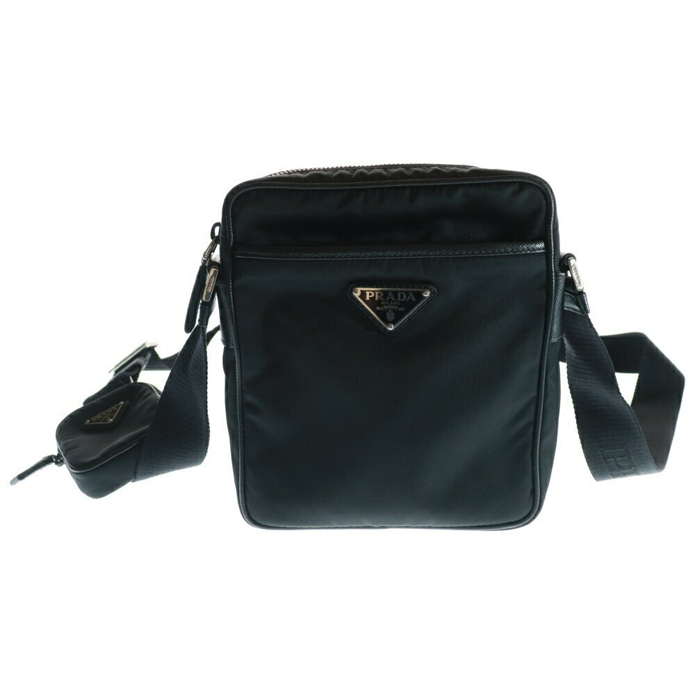 PRADA Triangle Logo Plate Saffiano Shoulder Bag Black